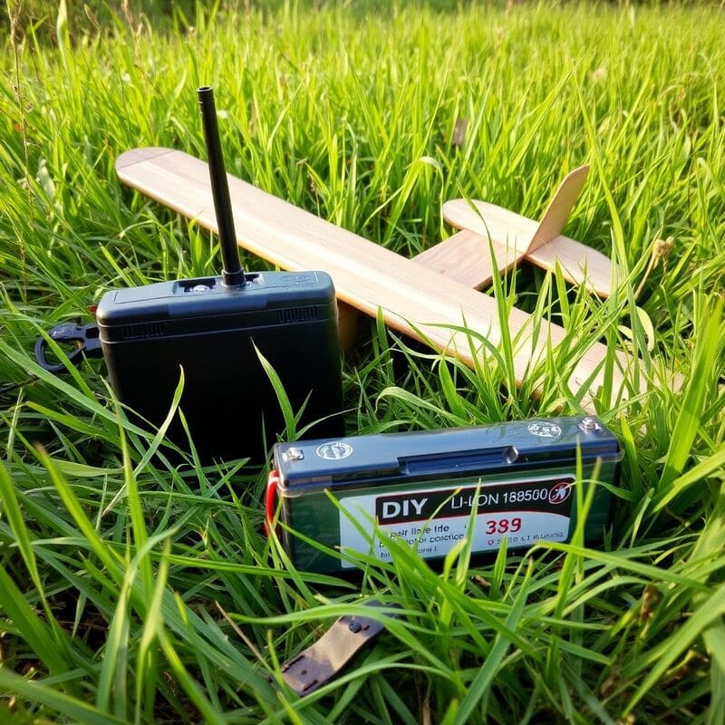 Planeur RC en bois avec une batterie Lipo à proximité