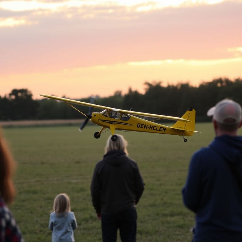 scne-de-vol-dun-avion-rc-trainer-jaune-dcollant-dun-champ-dgag-spectateurs-et-famille-en-arr