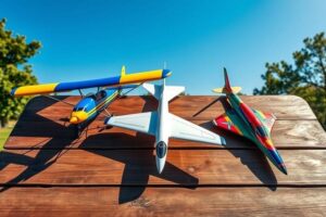 trois-avions-rc-diffrents-poss-sur-une-table-en-bois-en-extrieur-un-trainer
