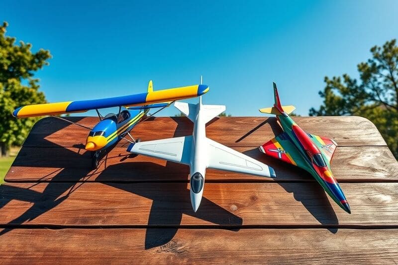 trois-avions-rc-diffrents-poss-sur-une-table-en-bois-en-extrieur-un-trainer