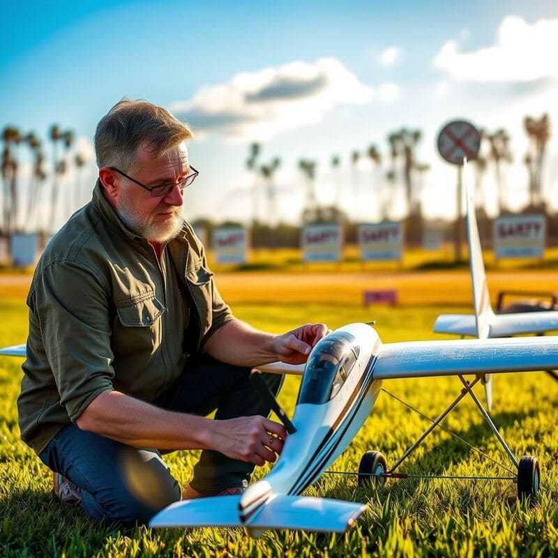 un modéliste vérifiant son avion RC sur un terrain homologué