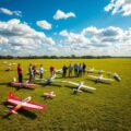 vue-arienne-dun-terrain-d'aeromodlisme-officiel-avec-plusieurs-avions-modèle-réduit-rc-au-sol-et