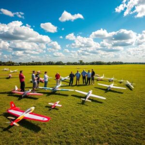 vue-arienne-dun-terrain-d'aeromodlisme-officiel-avec-plusieurs-avions-modèle-réduit-rc-au-sol-et