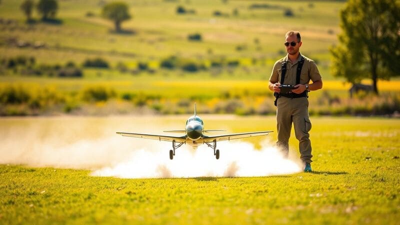 scne-datterrissage-dun-messerschmitt-modle-rduit-sur-une-piste-verdoyante-poussire-souleve
