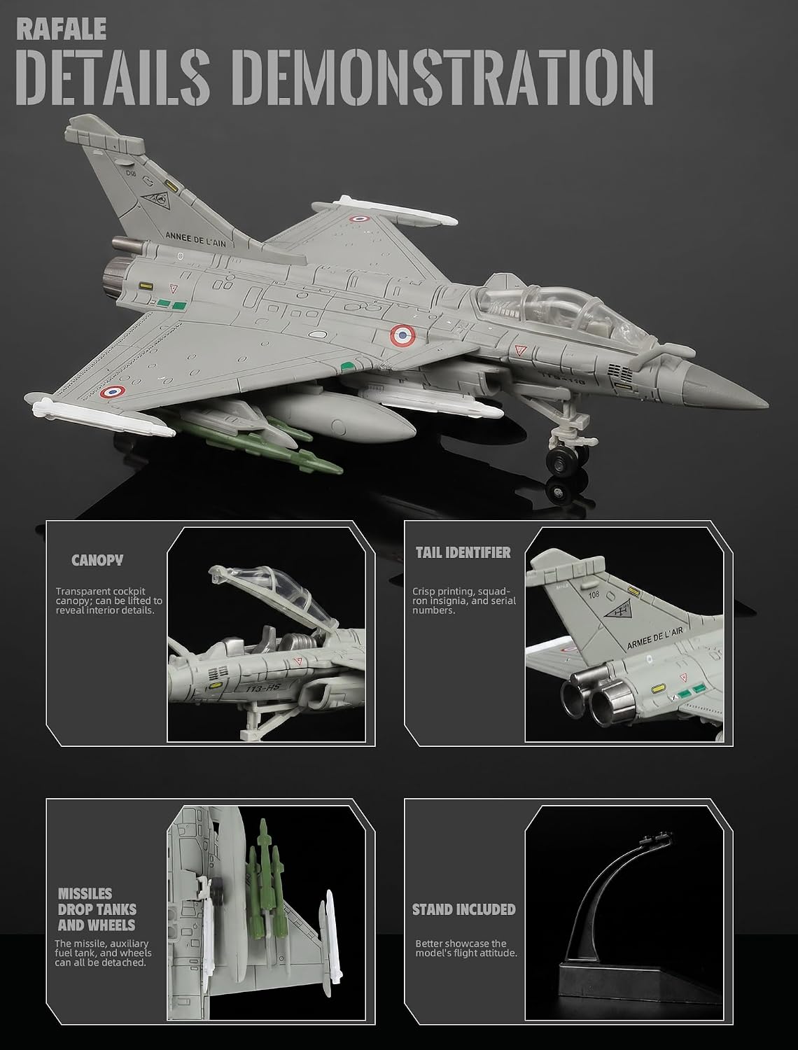 1/72 Rafale Maquette Avion de Chasse Kit Assemblage Rapide | 31 pièces avec socle cadeau garçons hommes déco bureau collection sans colle sans peinture maquette à emboîter - Échelle 1:72 - image 5